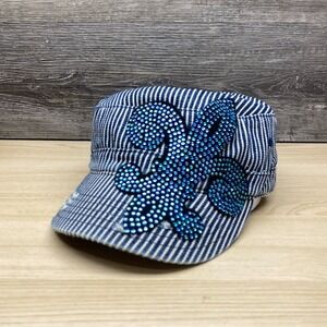 Fleur De Lis Hat Cap Strap Back Blue White Rhinestone Sequin Pinstripe Cadet